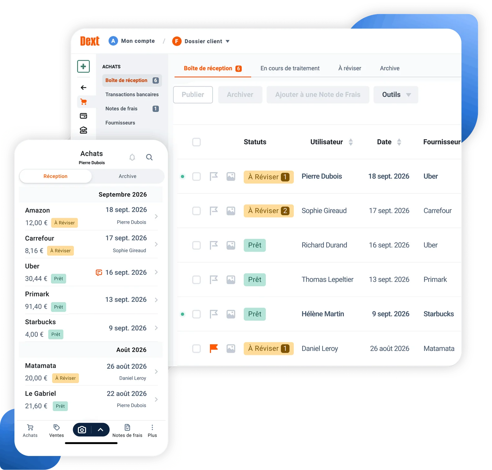 Interface utilisateur du logiciel de saisie comptable Dext