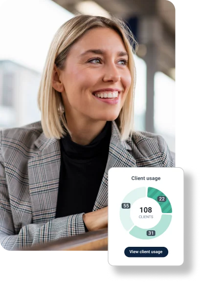 Professional Woman in the street overlaid by a Data & Insights metric score