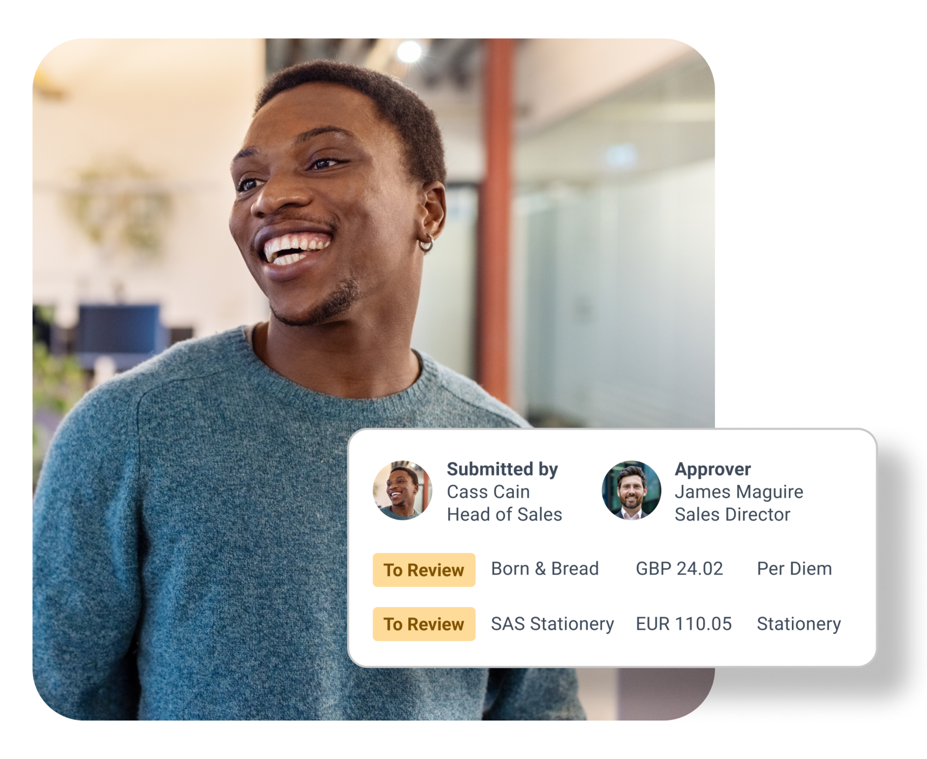 claim submission UI with man standing