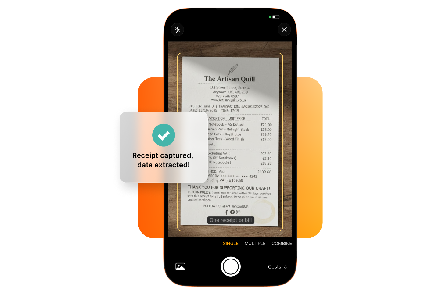Receipt being capture by bookkeeping AI agent – AI Assist