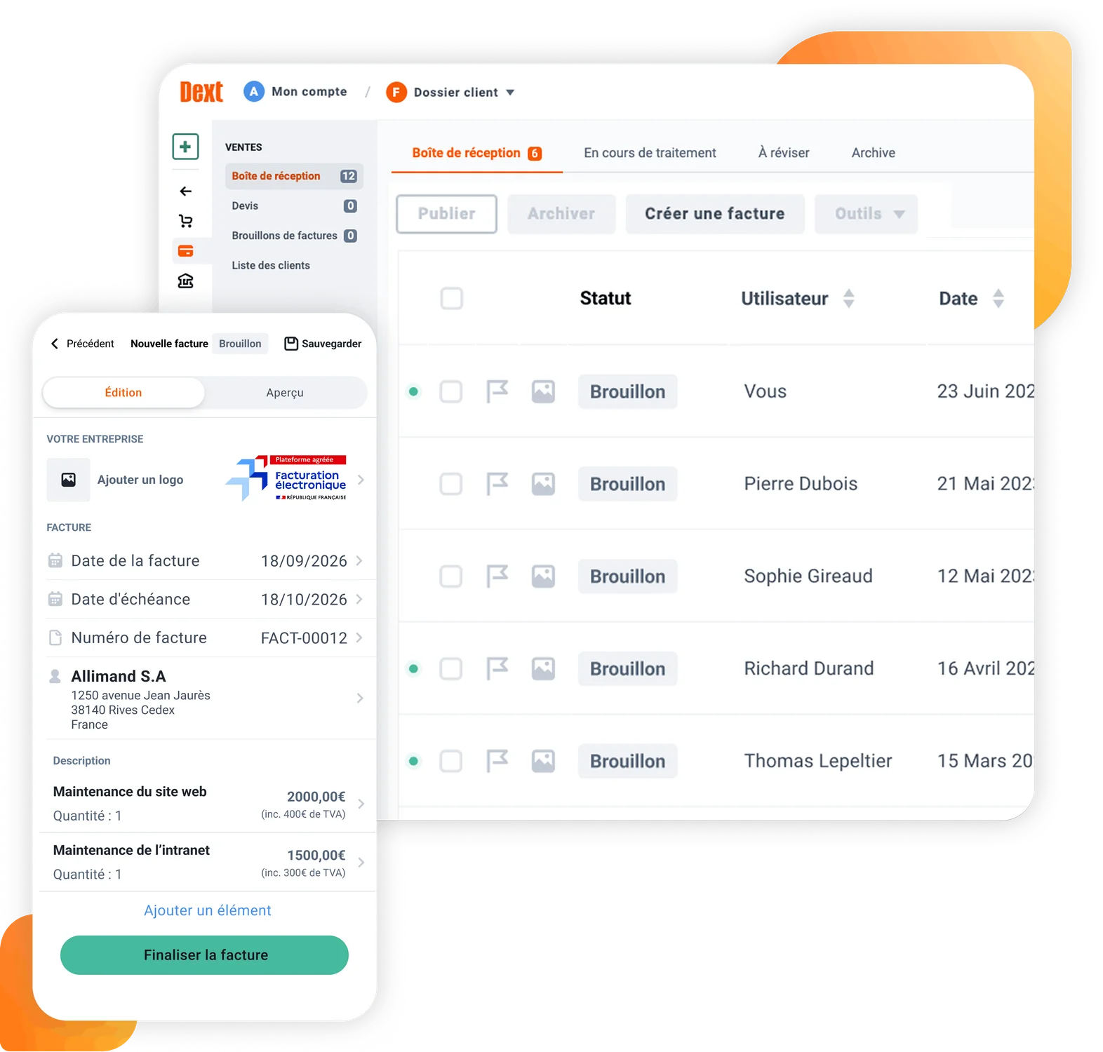Interface utilisateur du logiciel de facturation Dext