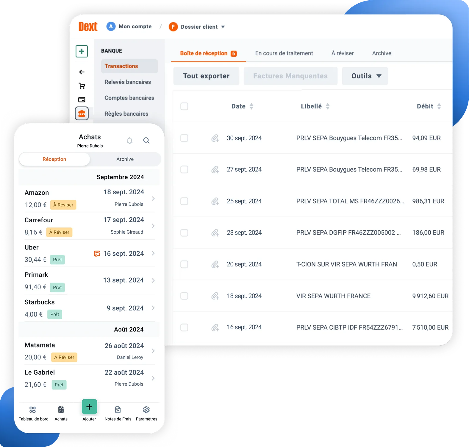 Interface utilisateur du logiciel de comptabilité de trésorerie Dext