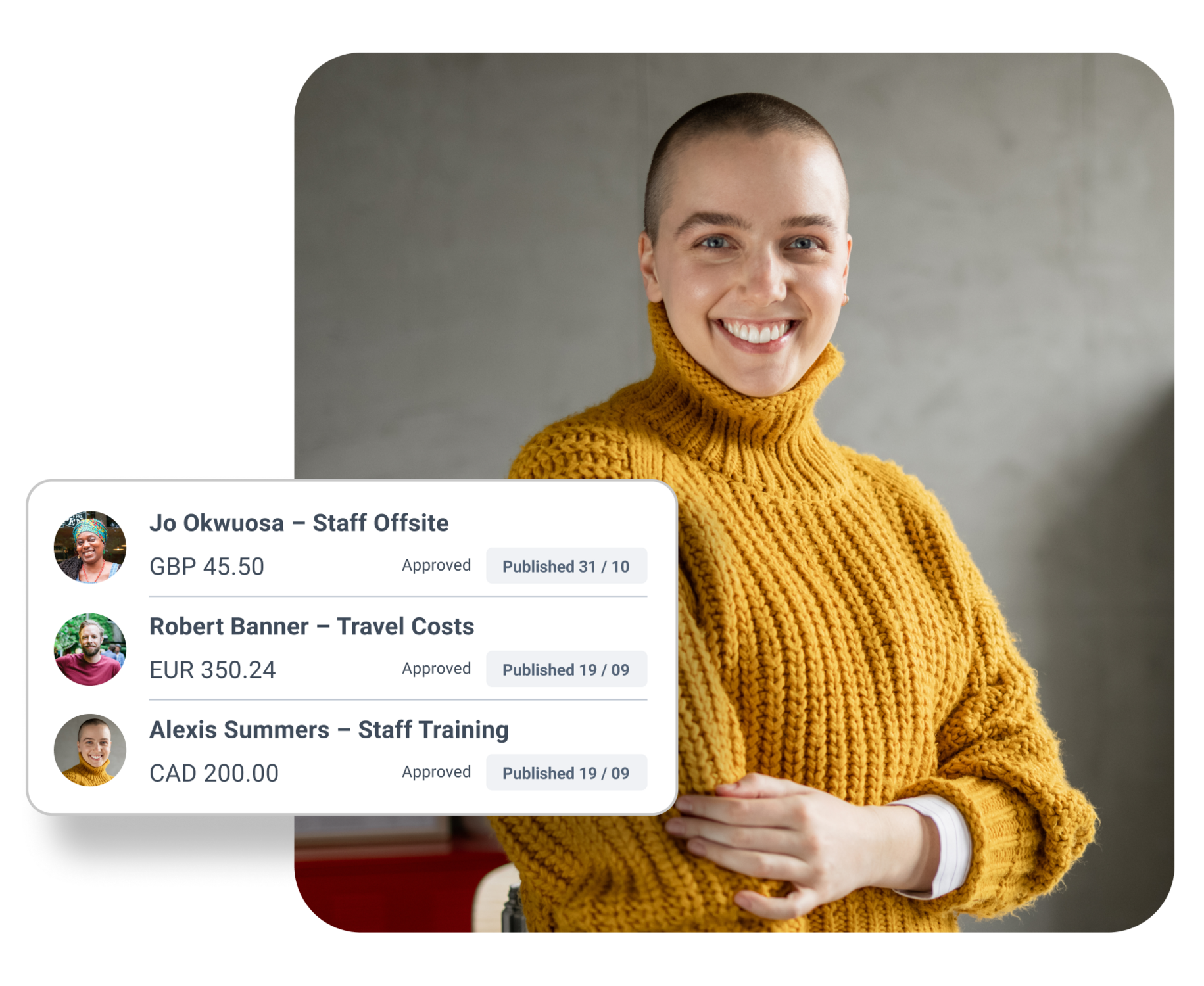 expense approval UI with women standing