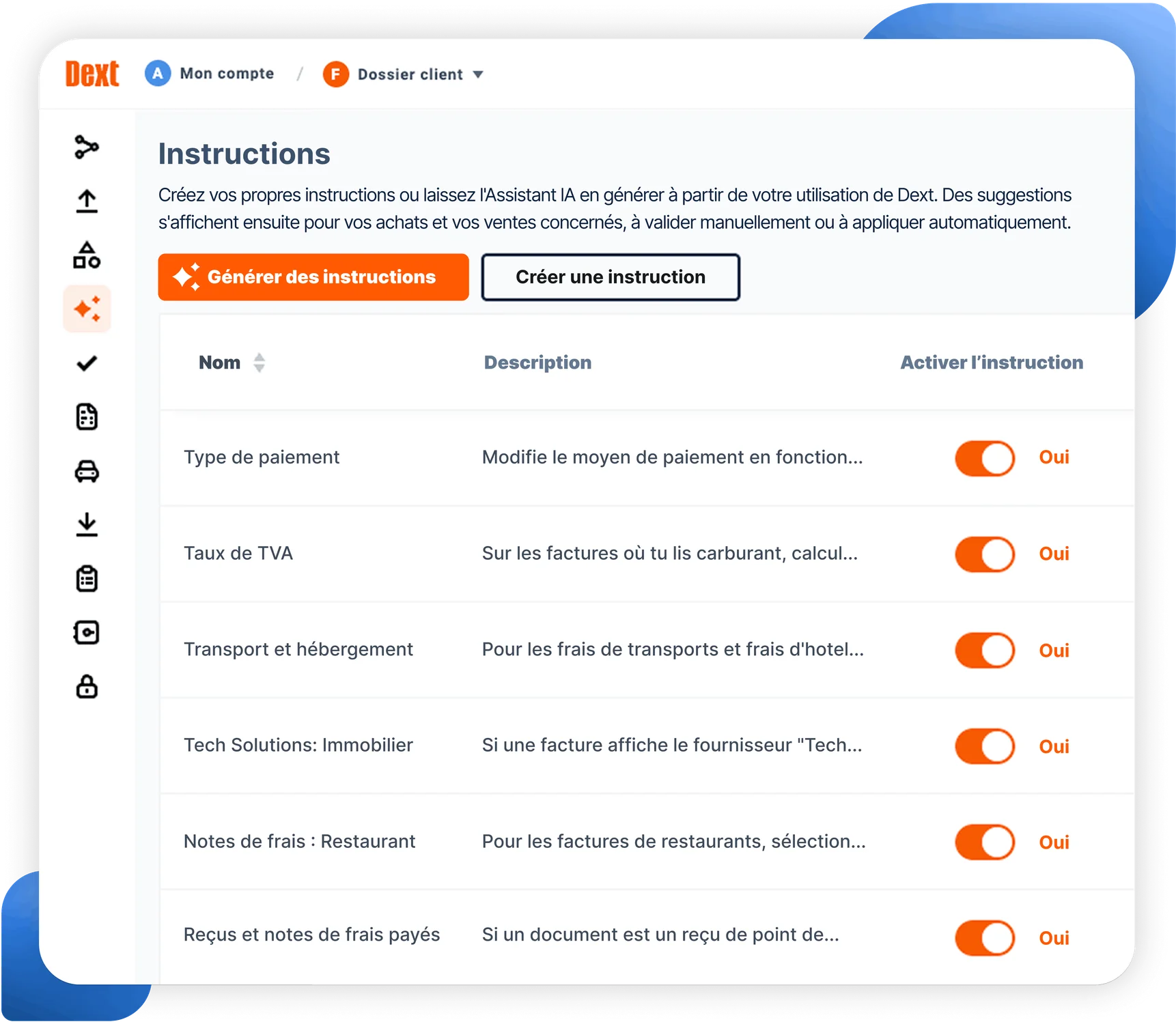 Interface utilisateur du logiciel de saisie comptable Dext