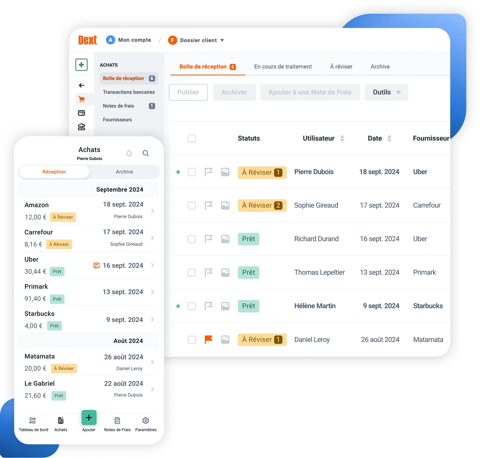 Interface utilisateur du logiciel de saisie comptable Dext