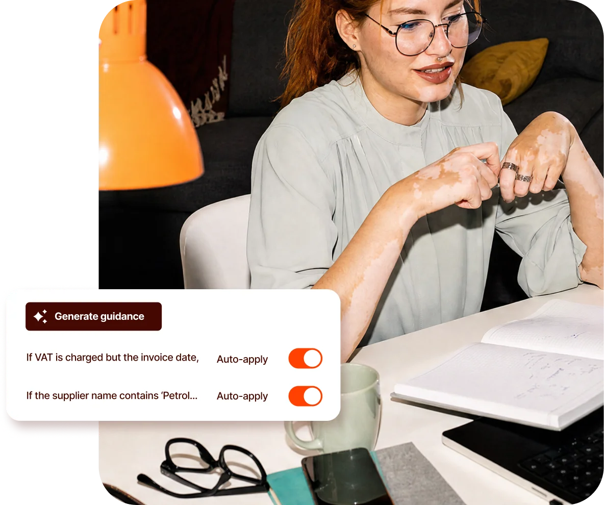 Accountant working on her books with Desk UI overlaid on the image