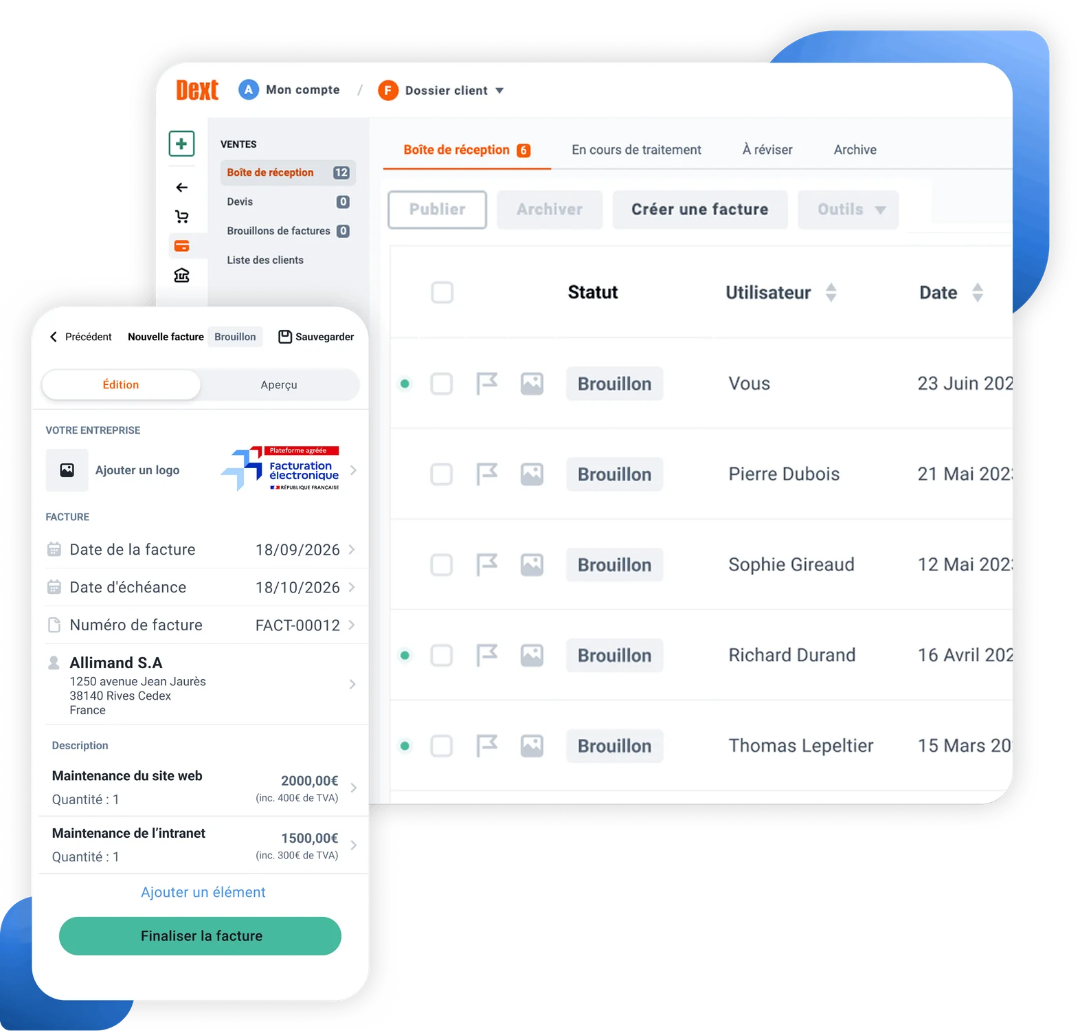 Interface utilisateur du logiciel de facturation Dext