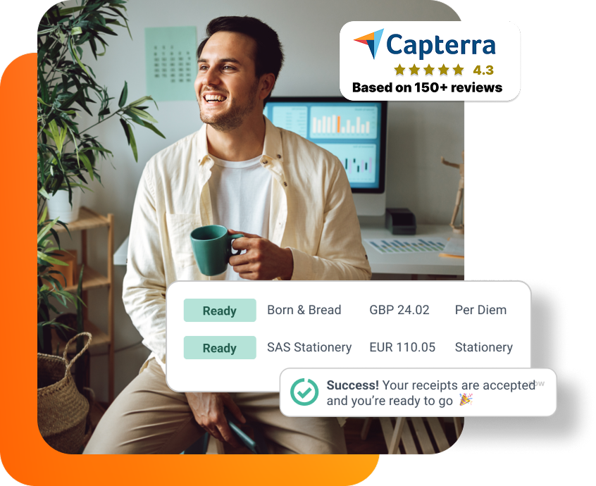 Man enjoying coffee on his dext while using Dext bookkeeping app from Capterra