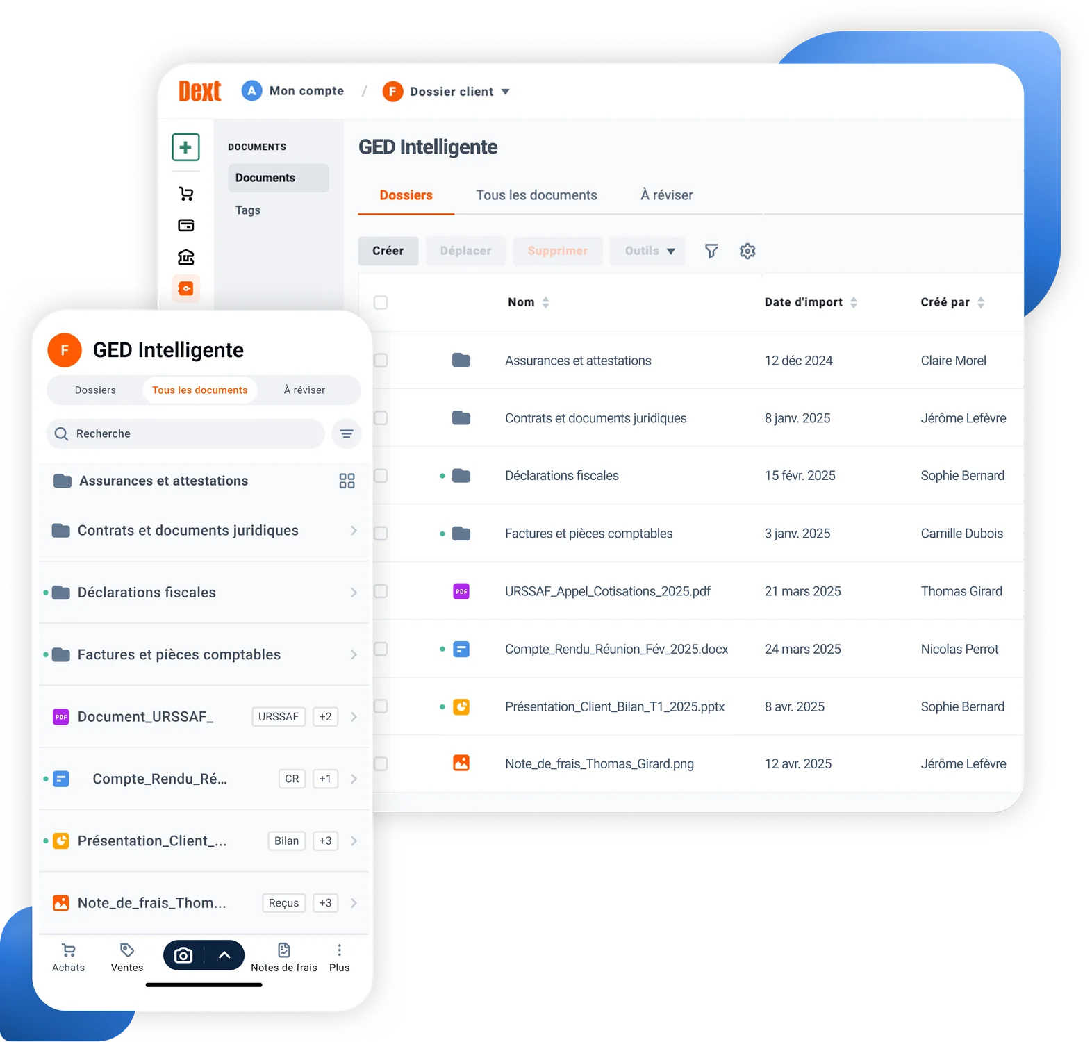 Interface utilisateur du logiciel GED intelligent Dext