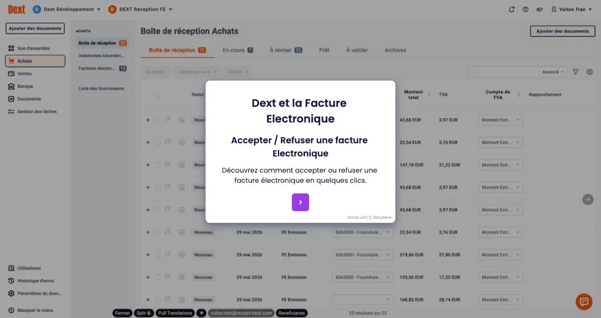 Démo de l'interface produit Dext pour la gestion des statuts des factures électroniques